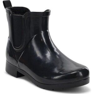 Chooka Women’s Black/Black Rounded Toe Plush Lined Slip-On Rain Ankle Boots